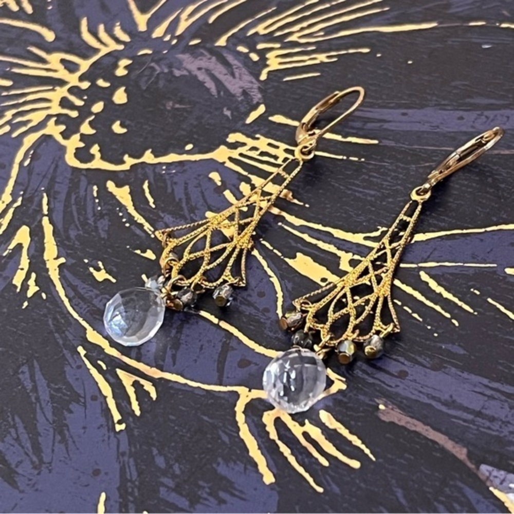 Vintage Art Deco Gold Tone and Crystal Sparkling Beaded Dangle Earrings C2